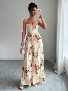 Selianne 女士优雅浪漫花卉印花褶饰腰部 A 字形下摆露肩连衣裙 - 彩色 - 查看 3