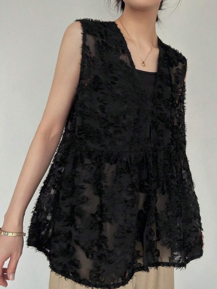 FRIFUL 女式 V 领纹理面料宽松无袖背心、常规夹克