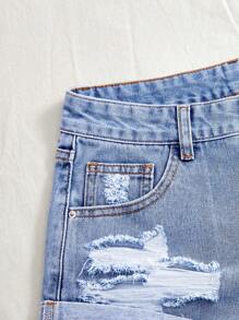 SHEIN Plain Ripped Pockets Casual Versatile Denim Shorts, Spring/Summer - Light Wash - View 5