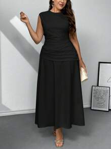 Firerie Plus Size Elegant Comfortable Casual Minimalist Round Neck Cinched Waist A-Line Irregular Ruched Hem Long Dress, White, Sleeveless,Wedding Guest Dress Women