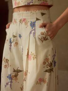 MOTF PREMIUM PANTALONES DE PIERNA ANCHA CON ESTAMPADO FLORAL DE LINO - Multicolor - Ver 3