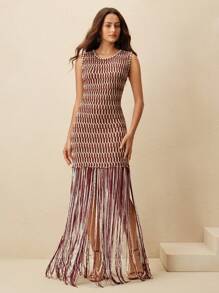 Anewsta Summer Design Handmade Woven Strap Black & White Color Block Tassel Dress - Brown - View 5