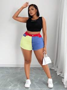 Slaydiva Plus Size Women Cowgirl Colorblock Elastic Waist Denim Shorts, Fashionable Summer For Women Festival Color Block Design Mini Shorts Casual - Multicolor - View 4