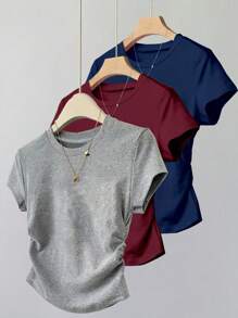 Tween-Mädchen 3-teiliges Set mit lässigem, vielseitigem T-Shirt-Outfit mit plissierter Taille und kurzen Ärmeln