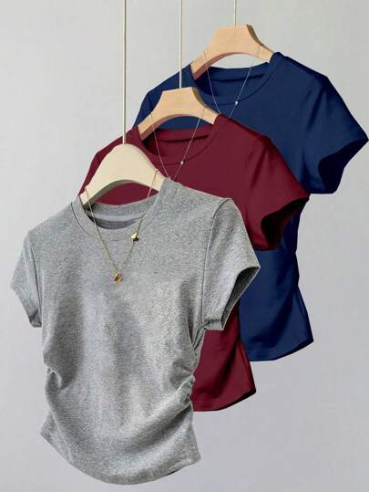 3件套青少年女孩休闲百搭腰部褶皱短袖T恤衫