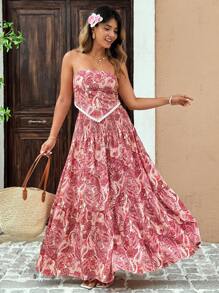 Flirla Plus Size Women Casual Loose Paisley Print High Waist Maxi Skirt, Summer Beach Holiday - Pink - View 5
