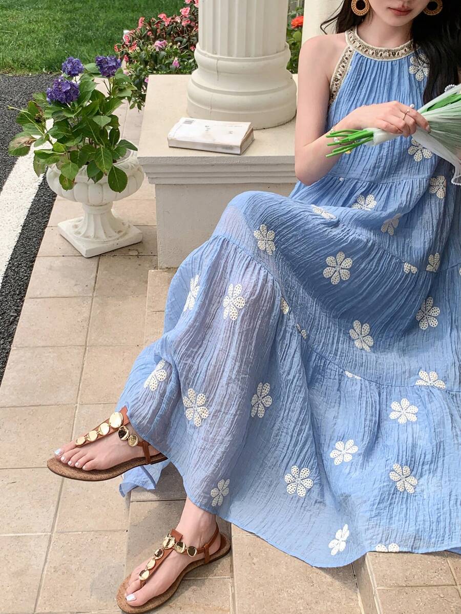 DAZY Đầm midi không tay in hoa kiểu Hàn Quốc dành cho nữ, trang phục đi nghỉ mát, trang phục du lịch biển cho nữ. - Màu xanh lam - Xem 1