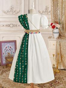 Tween Girls Elegant Color Block Floral Print Puff Sleeve Dress - Green - View 3