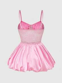 ROMWE Kawaii 卡哇伊宫廷风格缎面蕾丝拼布泡泡迷你裙连衣裙，性感细肩带 - 粉色 - 查看 2