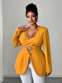 Maweii Plus Size Blazers, Solid Color With Button Detail And Side Split Design, Long Sleeve Graduation,Back To School,Teacher Outfits For Women