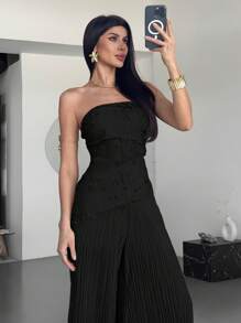 Firerie Damen elegantes Zweiteiler mit strukturierter Metallic-Optik, bestehend aus Bandeau-Top mit Rüschensaum und hochtaillierter, weit geschnittener Bundfalten-Hose, geeignet für Urlaub, Alltag, Musikfestivals - Schwarz - Übersicht 6