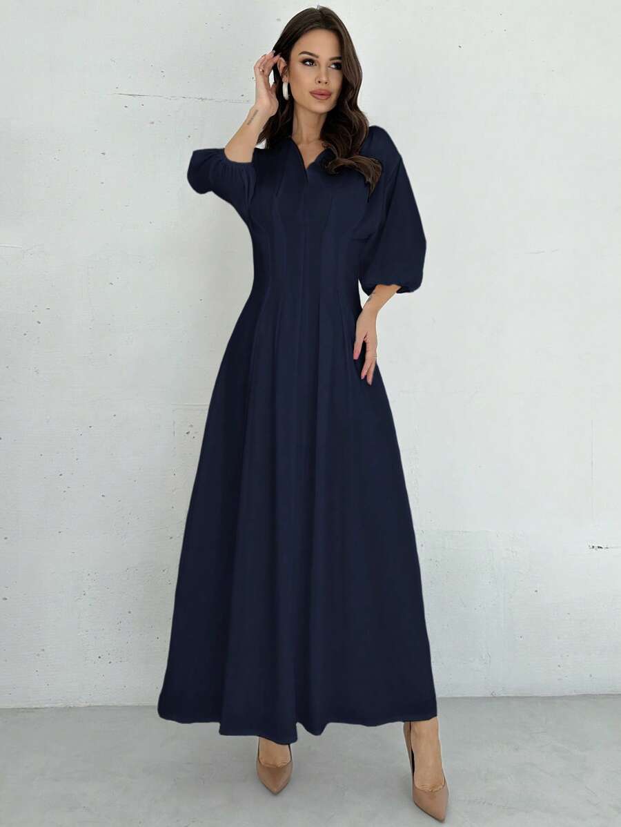 Firerie Women Elegant V-Neck Lantern Sleeve Pleated A-Line Mid-Length White Dress, Suitable For Commuting, Office, Vacation, Romantic, Refined - Blue - View 1