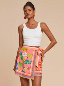 Travachic 女式鹦鹉印花裹身休闲迷你裙，夏季 - 粉色 - 查看 3