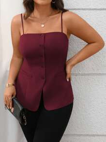 Vionelle 女式法式优雅通勤下午茶派对前扣下摆开叉吊带背心，春夏季 - 紫紅色 - 查看 5