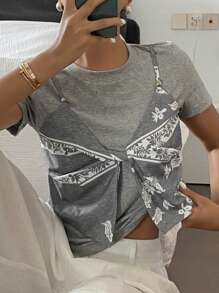 Livesso Splicing 2 In 1 Casual Short Sleeve Fitted Round Neck Summer Blouse For Women