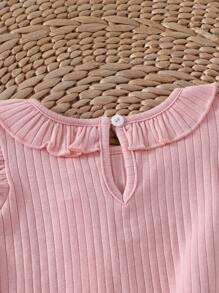 SHEIN 2 件套女婴荷叶边领盖袖衬衫，带蝴蝶结装饰，休闲可爱柔软棉质罗纹面料白色服装，适合 4-7 岁儿童，春夏新品，舒适柔软的棉质面料，适合居家护理或户外活动 - 粉色 - 查看 6