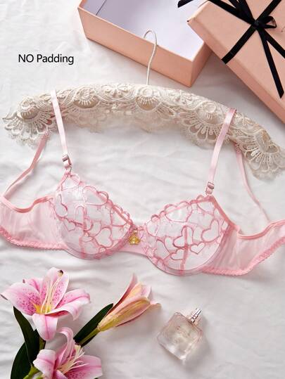 SHEIN 女士花卉透明蕾丝性感文胸，无衬垫，舒适精致的设计