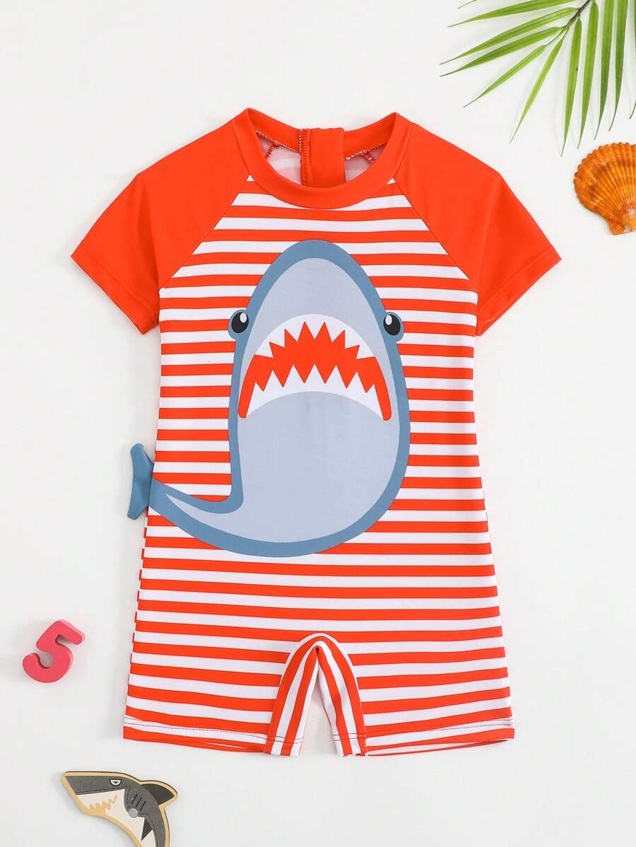 Baby & Baby Boy Shark Print Swimwear Set - Short Sleeve Romper - Orange - View 1