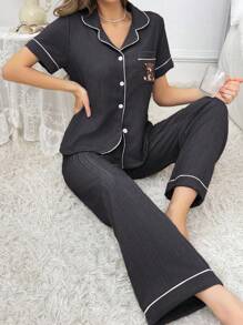 SHEIN Set Piyama Wanita Lengan Pendek Warna Blok dengan Saku dan Bordir Beruang Teddy - Dark Grey - View 6