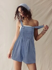 SHEIN LUNE 女士经典条纹休闲连体裤 - 藍色 - 查看 4