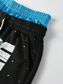 ROMWE MEN Men's Street Life Double Waistband Printed Rhinestone Embellished Shorts - Black - View 5