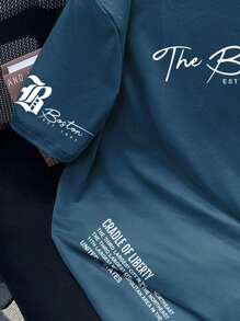 Manfinity LEGND Plus Size Men's Casual Slogan Print Round Neck Short Sleeve T-Shirt, Summer T Shirt For Man Simple T Shirts Men Men Tee Shirts Men T Shirts Casual - Blue - View 4