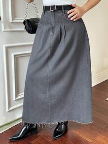 Dazy Plus 加大码水洗灰色 A 字型破洞下摆长款牛仔裙，四季牛仔裙 - 灰色 - 查看 5