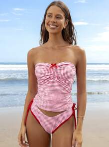 Swim Mod Women's Summer Plaid Random Print Spaghetti Strap Ruched Drawstring Bow-Knot High Cut Bikini Set - Multicolor - View 6