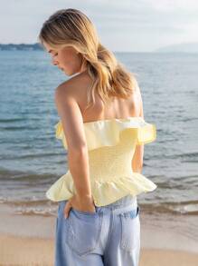 Lumivelle Light Yellow Ruffle Hem Crop Top, Casual Fitted Women's Top - Yellow - View 2