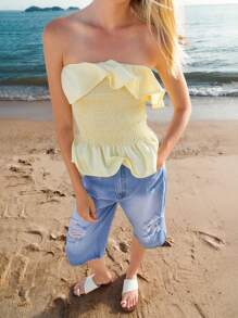 Lumivelle Light Yellow Ruffle Hem Crop Top, Casual Fitted Women's Top - Yellow - View 5