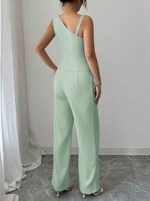 Selianne Women's 2pcs Sleeveless Button Decor Asymmetrical Shoulder Top And Straight Leg Pants Suit, Spring/Summer - Mint Green - View 2