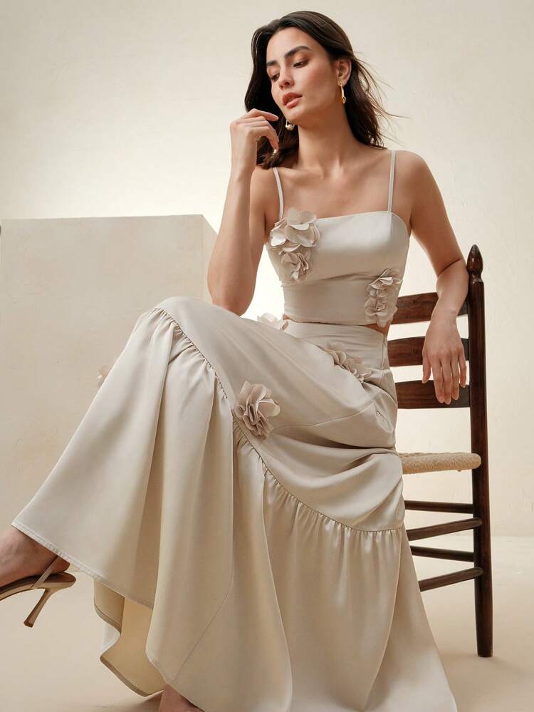 Women's Summer 3D Floral Decor Satin Camisole Tank Top