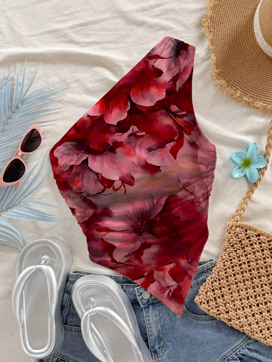 Soleia 女士花卉印花不对称领口和下摆褶饰上衣 - 乾枯玫瑰色 - 查看 1