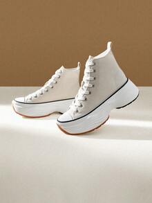 CUCCOO EASI Damskie modne czarne grube podeszwy, okrągłe noski, oddychające, płócienne trampki o średniej wysokości