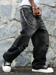 Manfinity EMRG Men's Loose Fit Ripped Pocket Wide Leg Casual Versatile Jeans Pants - Dark Grey - View 5