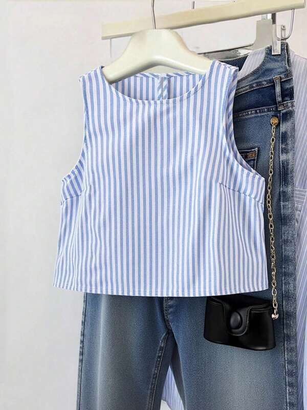 SHEIN Women's Striped Print Sleeveless Round Neck Casual Blouse, Versatile For Summer