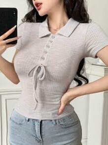 DAZY Summer Fitted Casual Textured Striped Bowknot Strap V-Neck Shirt Style Short Sleeve Blouse For Office Wear - Grey - View 11