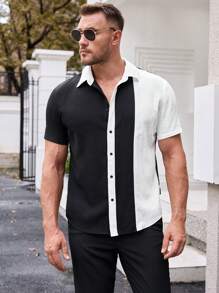 BRENVORS Musclefit 男士梭织时尚日常成熟休闲黑白撞色缝线修身短袖衬衫，旅行必备，夏季，男友，毕业礼物，健身必备 - 黑色 - 查看 6