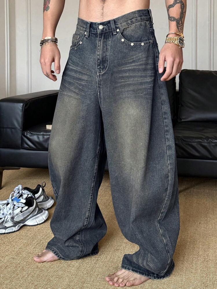 Vintage Washed Blue Men's Jeans With Back Pocket Patchwork, Spring