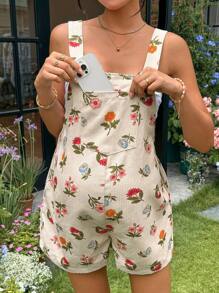 SHEIN Floral Printed Pregnant Women's Casual Overalls With Pockets, Summer Vacation Outfits Floral  Maternity Jumpsuit Cute Maternity Jumpsuit - Apricot - View 6