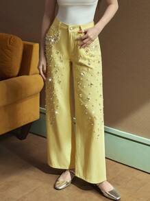 Selenza Women's Solid Color Fashionable Denim Jeans, Suitable For Summer Butter Yellow Jeans With Rhinestone - Yellow - View 6