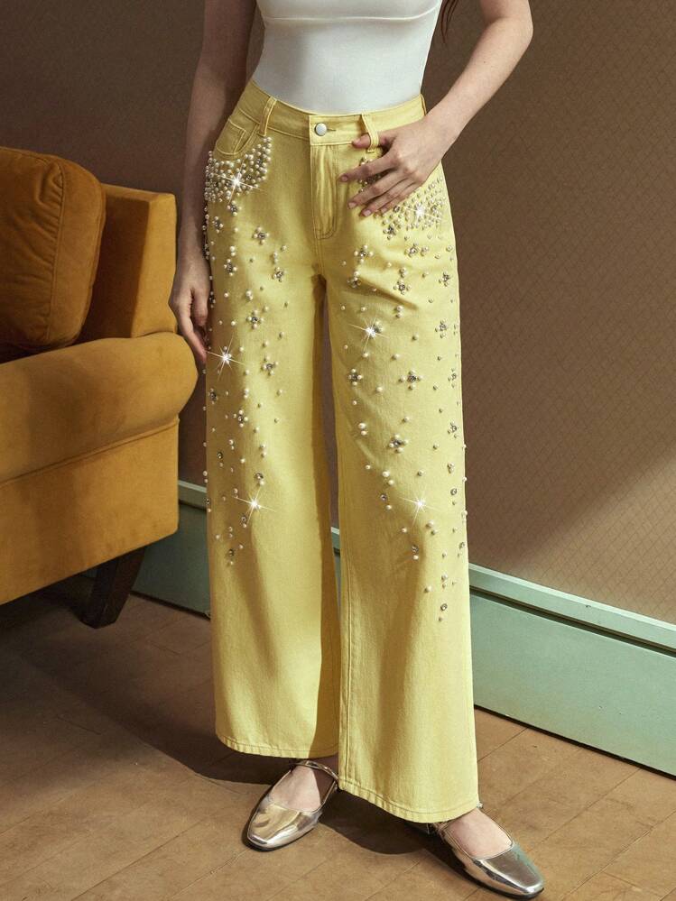 Selenza Jeans de mujer de unicolor de moda, apropiados para el verano en color amarillo mantequilla - Amarillo - Añade 6