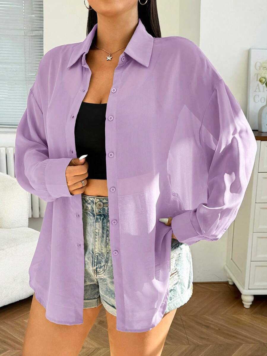 SHEIN EZwear Plus Size Women's Casual Lightweight Sheer Loose Long Sleeve Open Front Blouse, Suitable For Summer, Fall, Beach, Vacation, Daily Wear,Business Casual Woman - Violet Purple - View 1