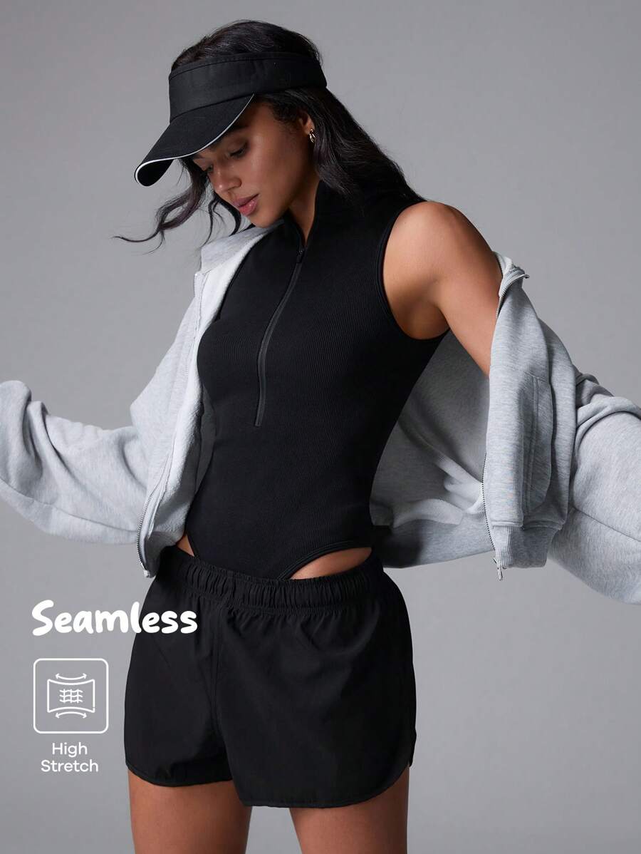 Menodora SHEIN Sport Movishi Seamless & High Stretch Women's Plain Color Knit Casual Bodysuit - Black - View 1