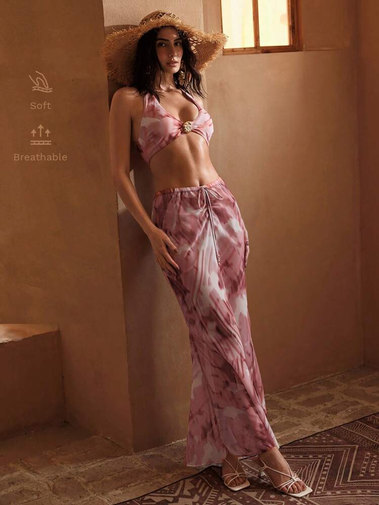 ALL OVER PRINT FLOWY COVER UP SKIRT FOR SUMMER BEACH VACATION