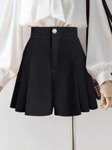 GlowEve New Women's Woven Fabric Pleated A-Line Front Zipper Back Elastic Waist Slimming Mid-Waist Casual Comfortable Elegant Shorts