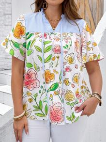 EMERY ROSE Blusa holgada con volantes y cuello con lazo, con estampado floral y de rayas, para talla grande, estilo de vacaciones de verano