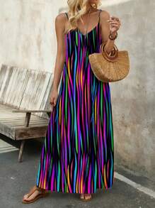 EMERY ROSE 女式彩色渐变条纹弹力休闲度假背心裙，轻盈舒适，适合夏季度假 - 彩色 - 查看 1