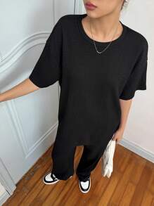 SHEIN Teen Girls Loose Casual Simple Comfortable Round Neck Short Sleeve Solid T-Shirt And Pants Set