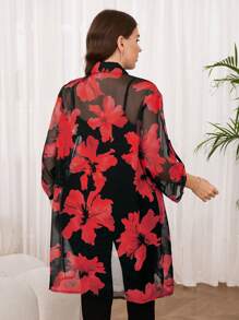 Reflora 大码女式花卉印花荷叶边袖长衬衫，休闲/度假风格